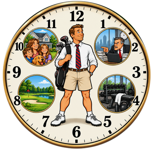 Circular clock emblem with a golfer at its center, surrounded by family, office, golf course and gym scenes
